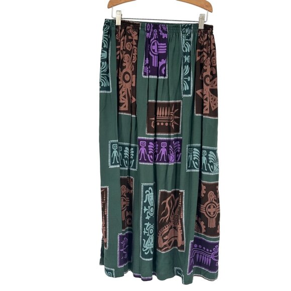 Vintage Full Length Skirt Passports L Elastic Waist Tribal Print Office Modest - Picture 2 of 10